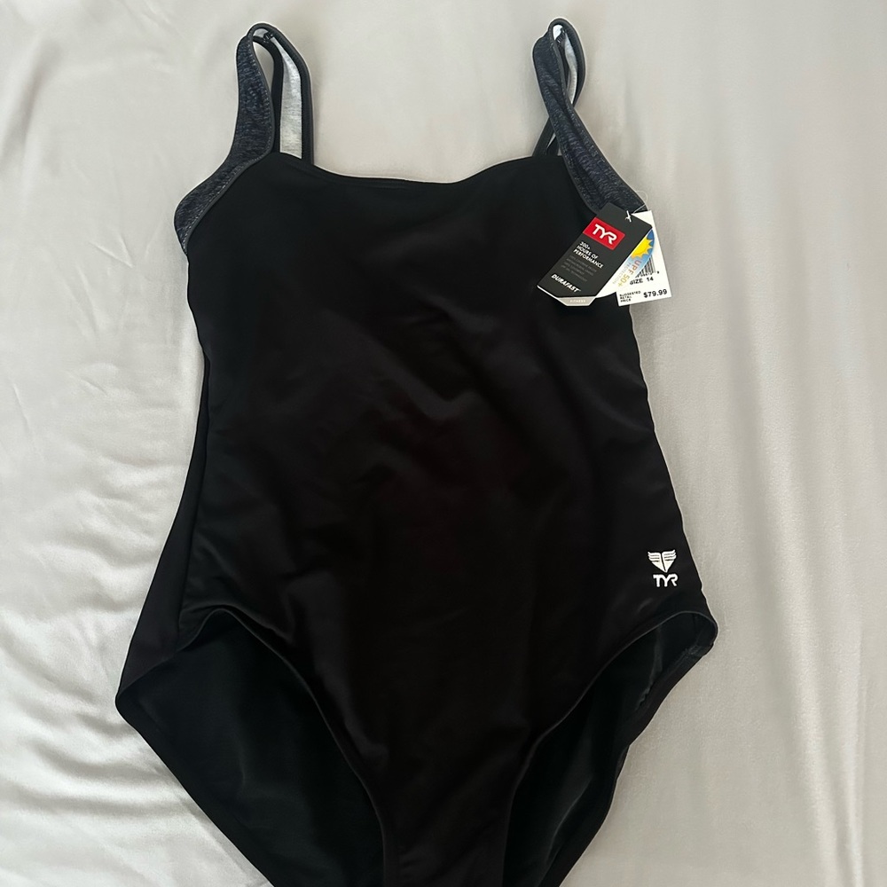 TYR Black Mantra Square Neck Control Fit Swimsuit Sz 14